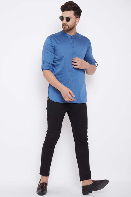 Shop Men's Solid Short Kurta in Blue