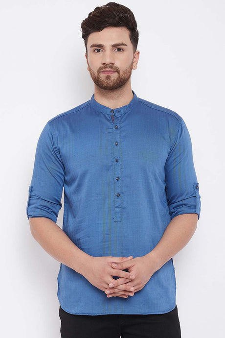 Buy Men's Blended Cotton Solid Short Kurta in Blue