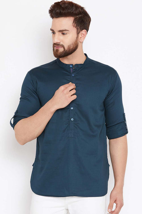 Buy Blended Cotton Solid Kurta in Navy Blue Online