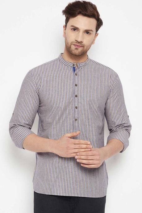 Buy Men's Pure Cotton Stripes Kurta in Grey