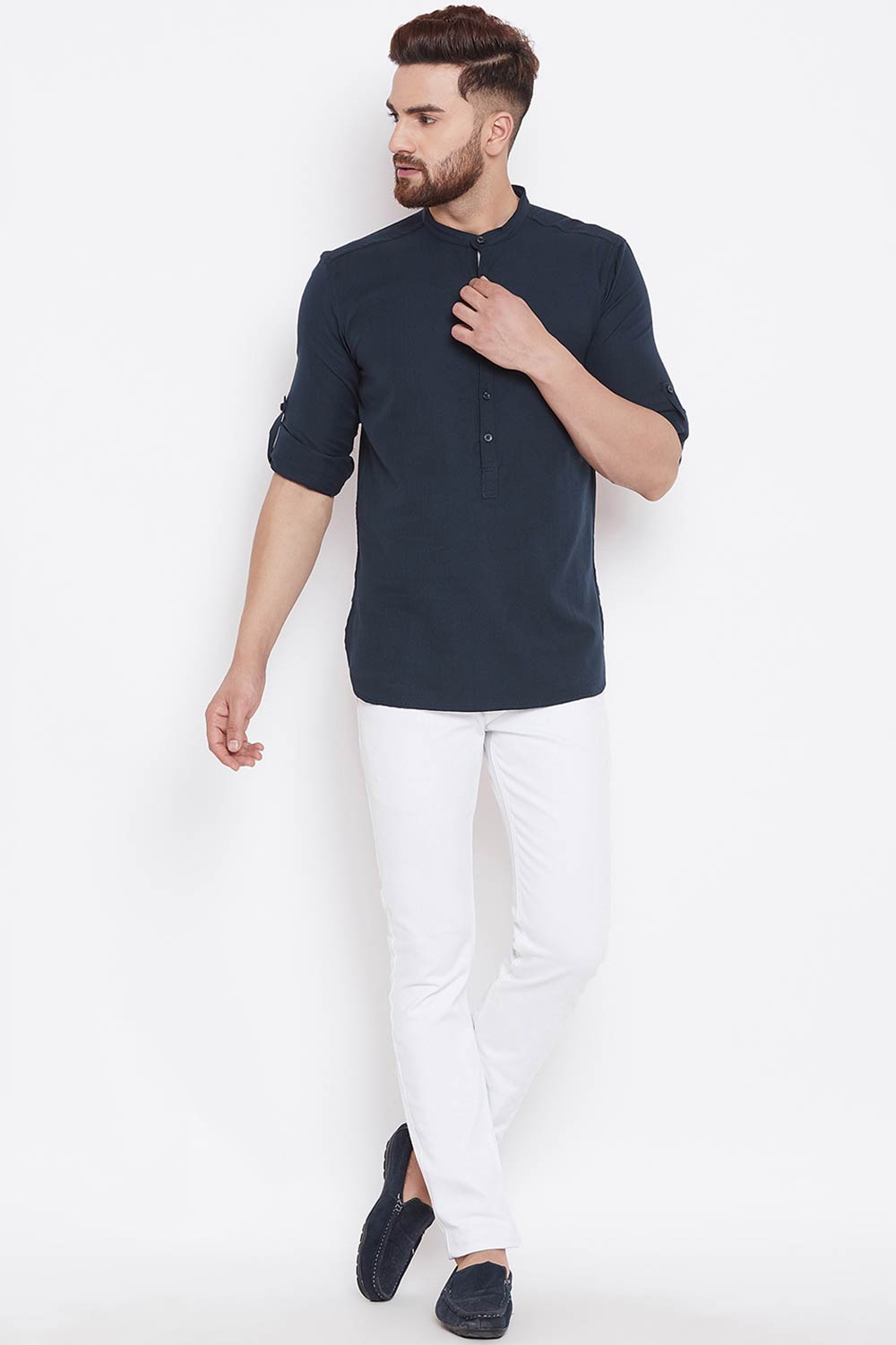 Buy Blended Cotton Solid Kurta in Navy Blue Online - Back