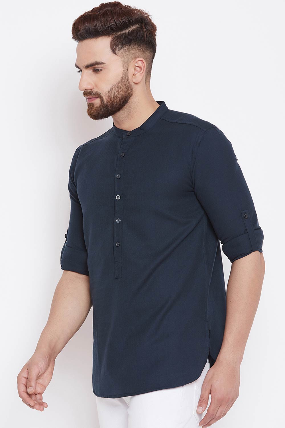 Buy Blended Cotton Solid Kurta in Navy Blue Online - Front