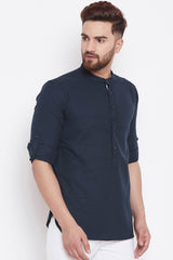 Buy Blended Cotton Solid Kurta in Navy Blue Online - Side