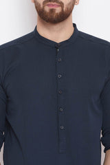 Buy Blended Cotton Solid Kurta in Navy Blue Online - Zoom Out