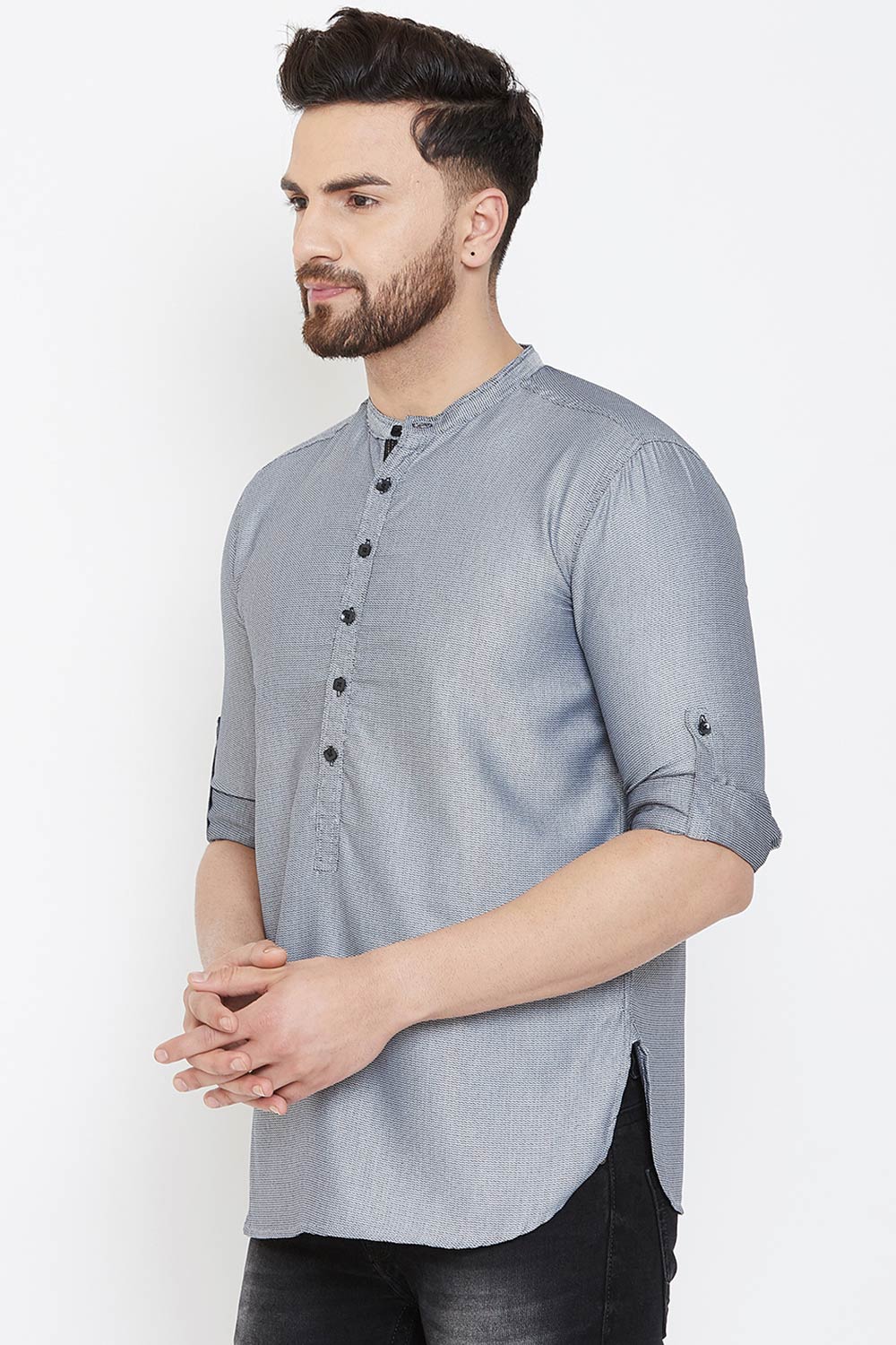 Buy Blended Cotton Striped Kurta in Grey Online - Front