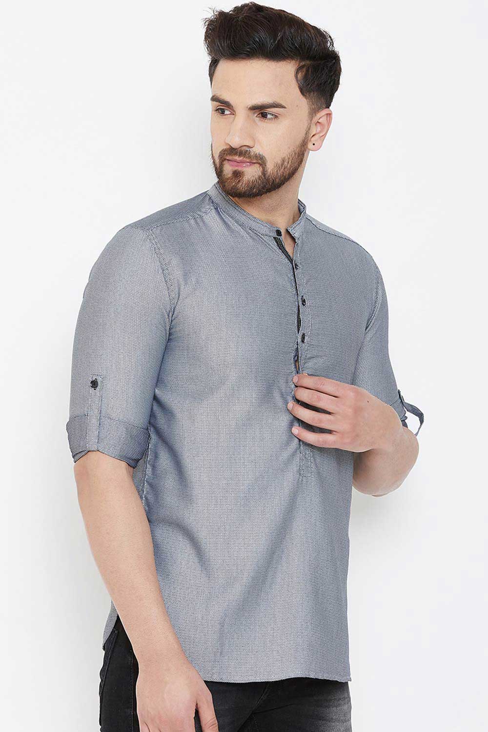 Buy Blended Cotton Striped Kurta in Grey Online - Side