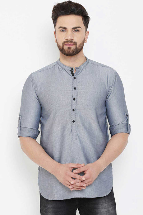 Buy Blended Cotton Striped Kurta in Grey Online