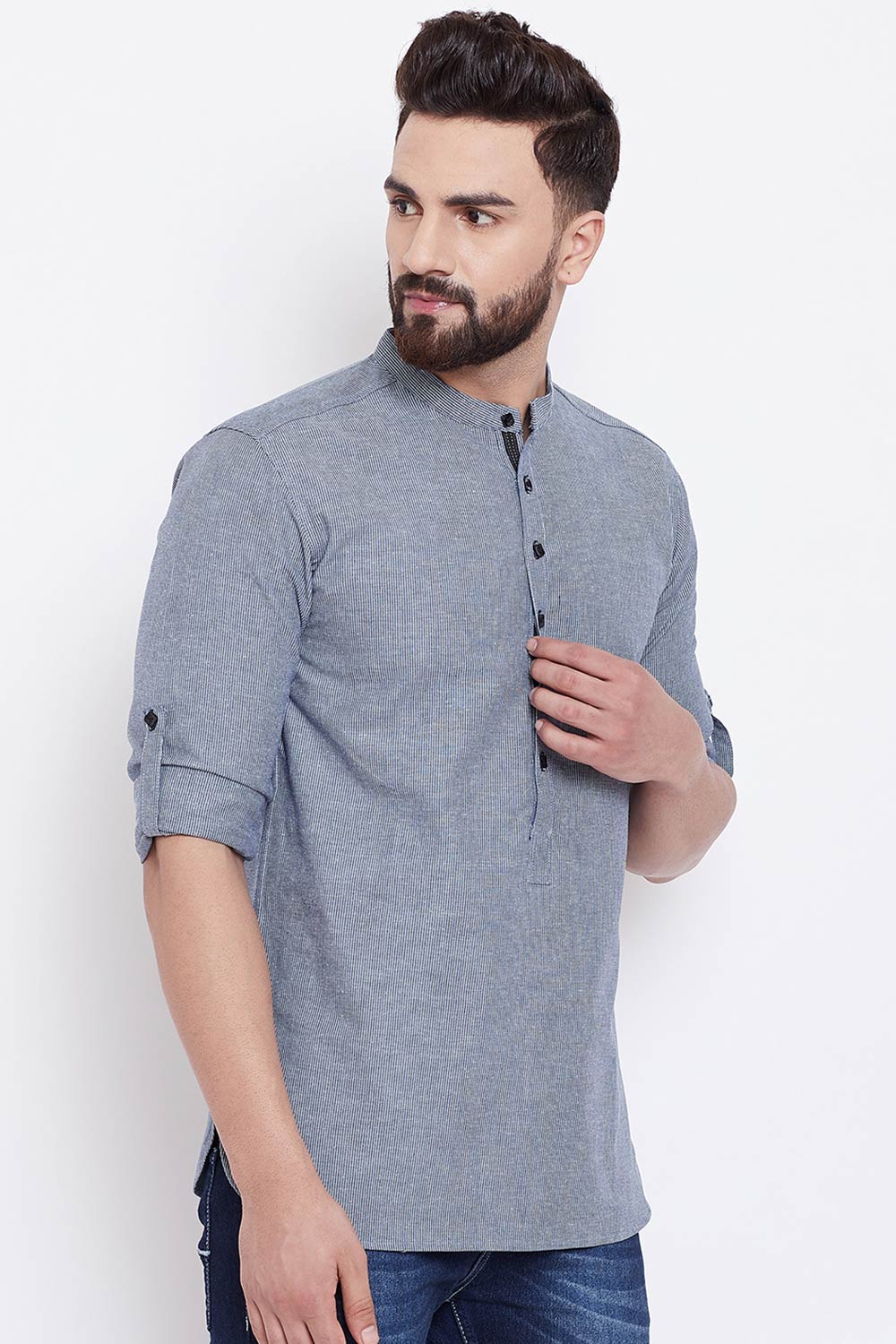 Buy Blended Cotton Striped Kurta in Grey Online - Side