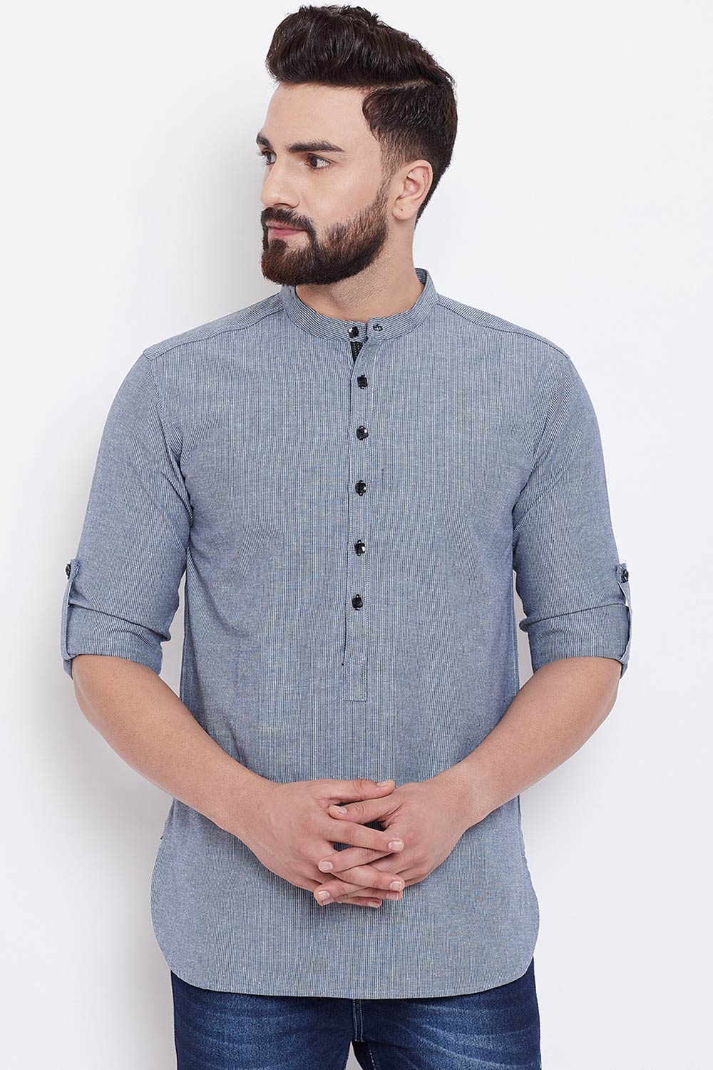 Buy Blended Cotton Striped Kurta in Grey Online