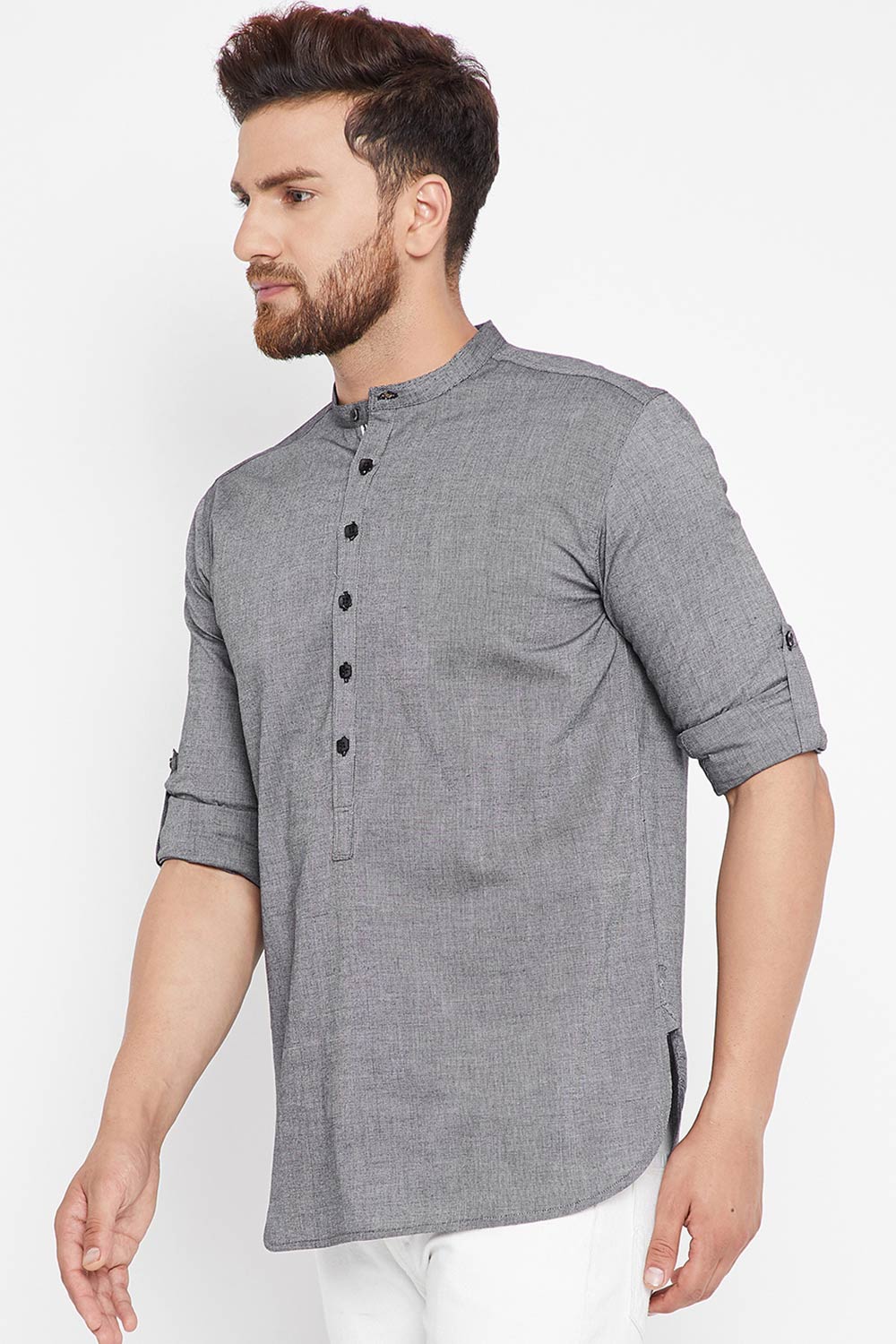 Buy Blended Cotton Solid Kurta in Grey Online - Front