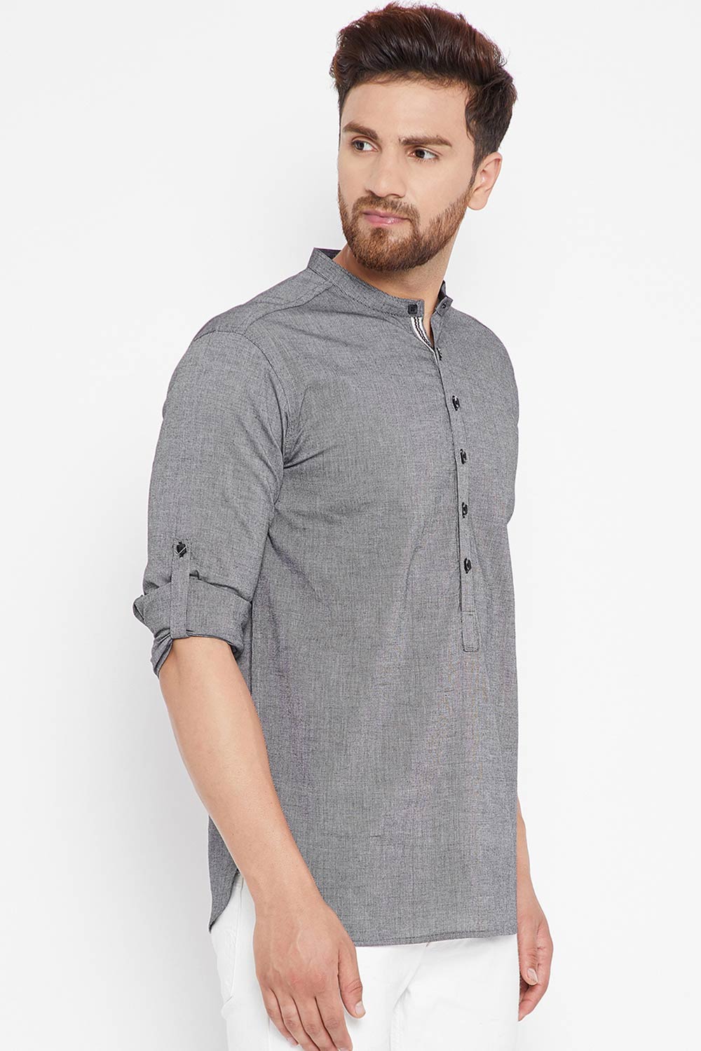 Buy Blended Cotton Solid Kurta in Grey Online - Side