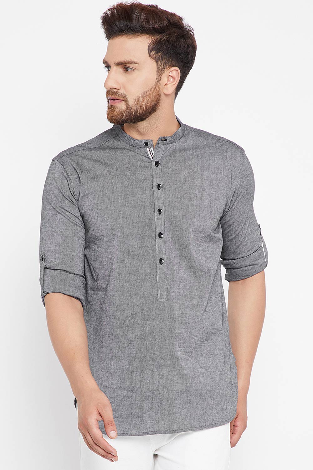 Buy Blended Cotton Solid Kurta in Grey Online