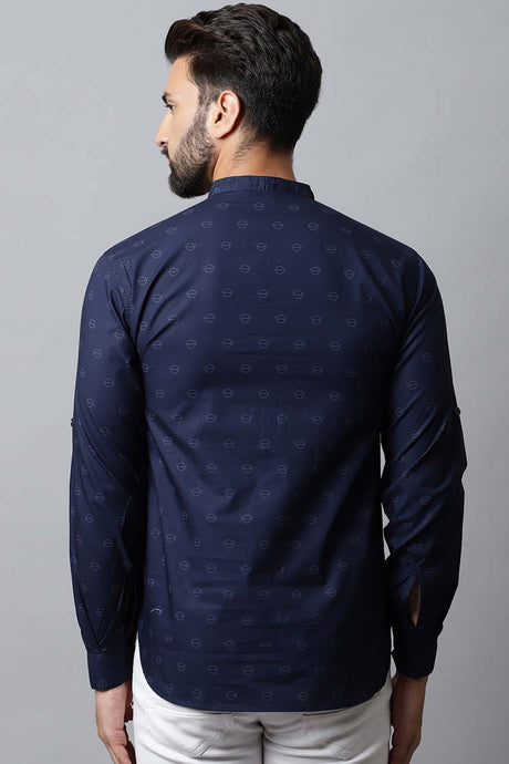 Men's Dark Blue Graphic Full Sleeve Short Kurta Top