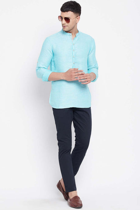 Buy Men's Pure Cotton Solid Short Sherwani Kurta in Turquoise - Front