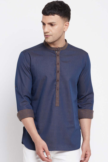 Buy Men's Pure Cotton Solid Short Sherwani Kurta in Navy Blue