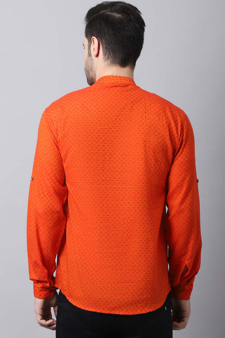 Men's Bright Orange Self-Design Full Sleeve Short Kurta Top