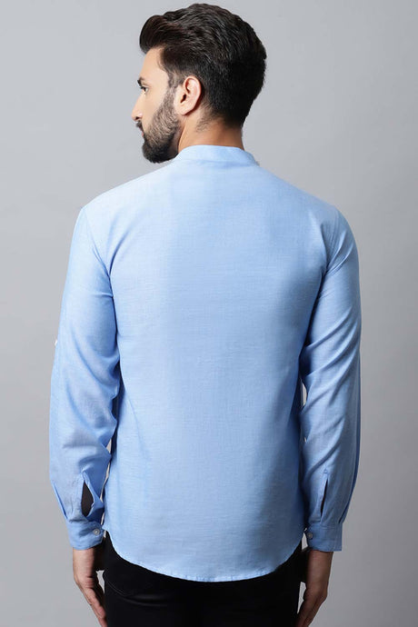 Men's Light Blue Solid Full Sleeve Short Kurta Top