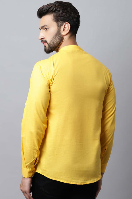 Men's Light Yellow Solid Full Sleeve Short Kurta Top