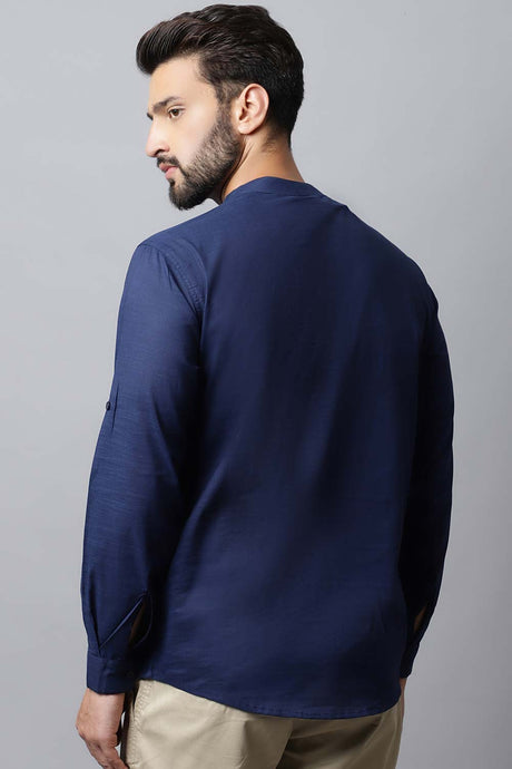 Men's Dark Blue Solid Full Sleeve Short Kurta Top
