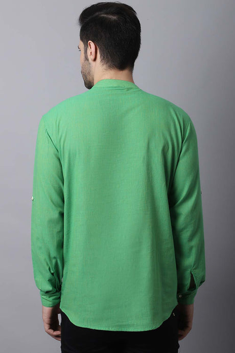Men's Light Green Self-Design Full Sleeve Short Kurta Top