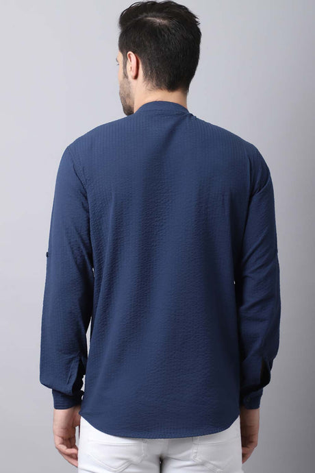 Men's Dark Navy Self-Design Full Sleeve Short Kurta Top