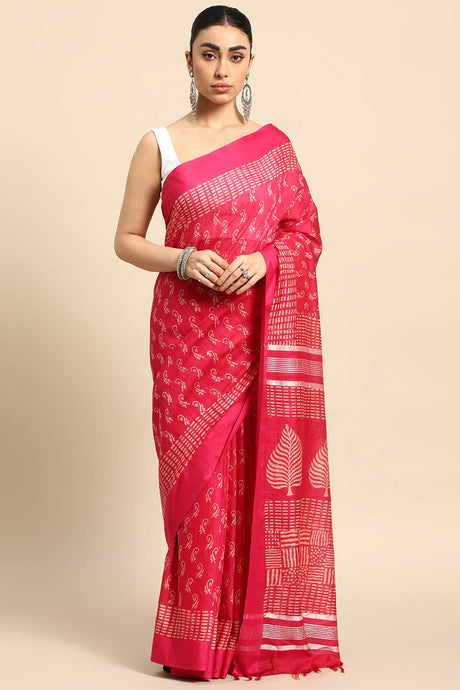 Pink Silk Blend Self-design Saree