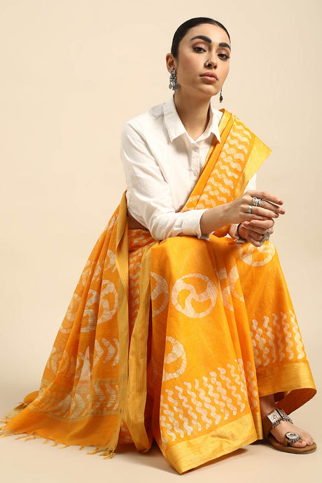 Yellow Silk Blend Self-design Saree