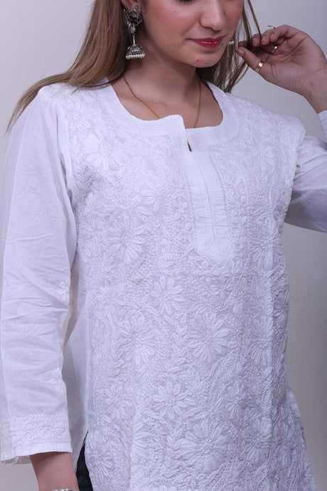 Soft Cotton Chikankari Embroidered Short Kurta Top in White