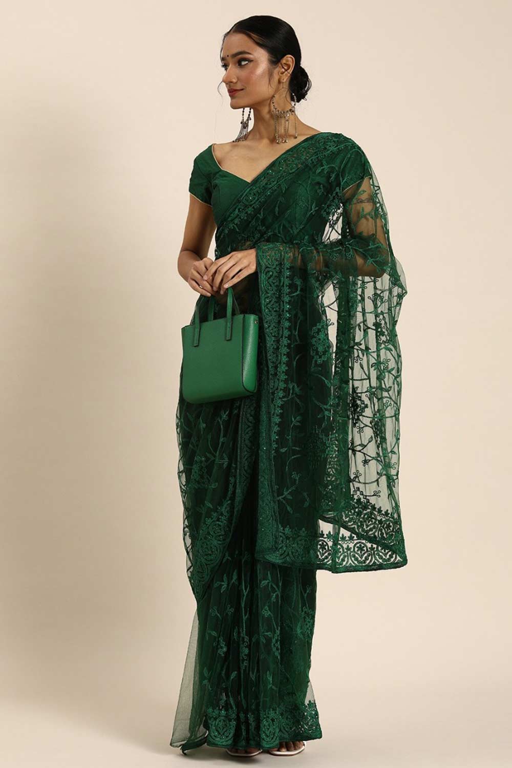 Buy Green Net Floral Embroidered Saree Online