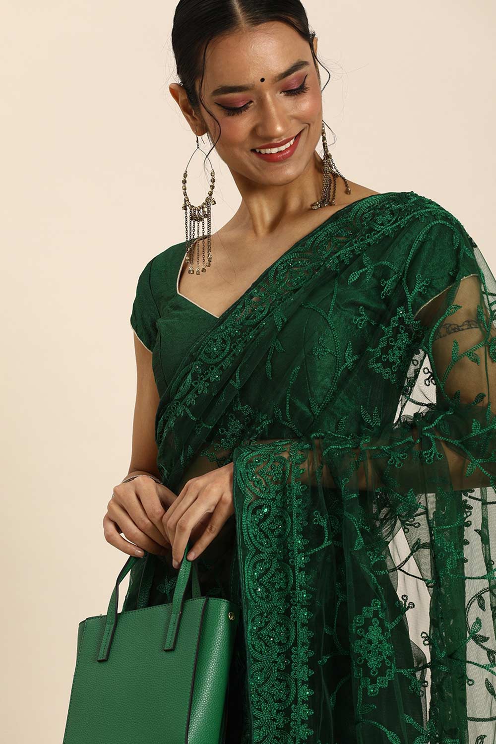 Buy Green Net Floral Embroidered Saree Online - Side