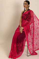 Buy Fuchsia Net Floral Embroidered Saree Online