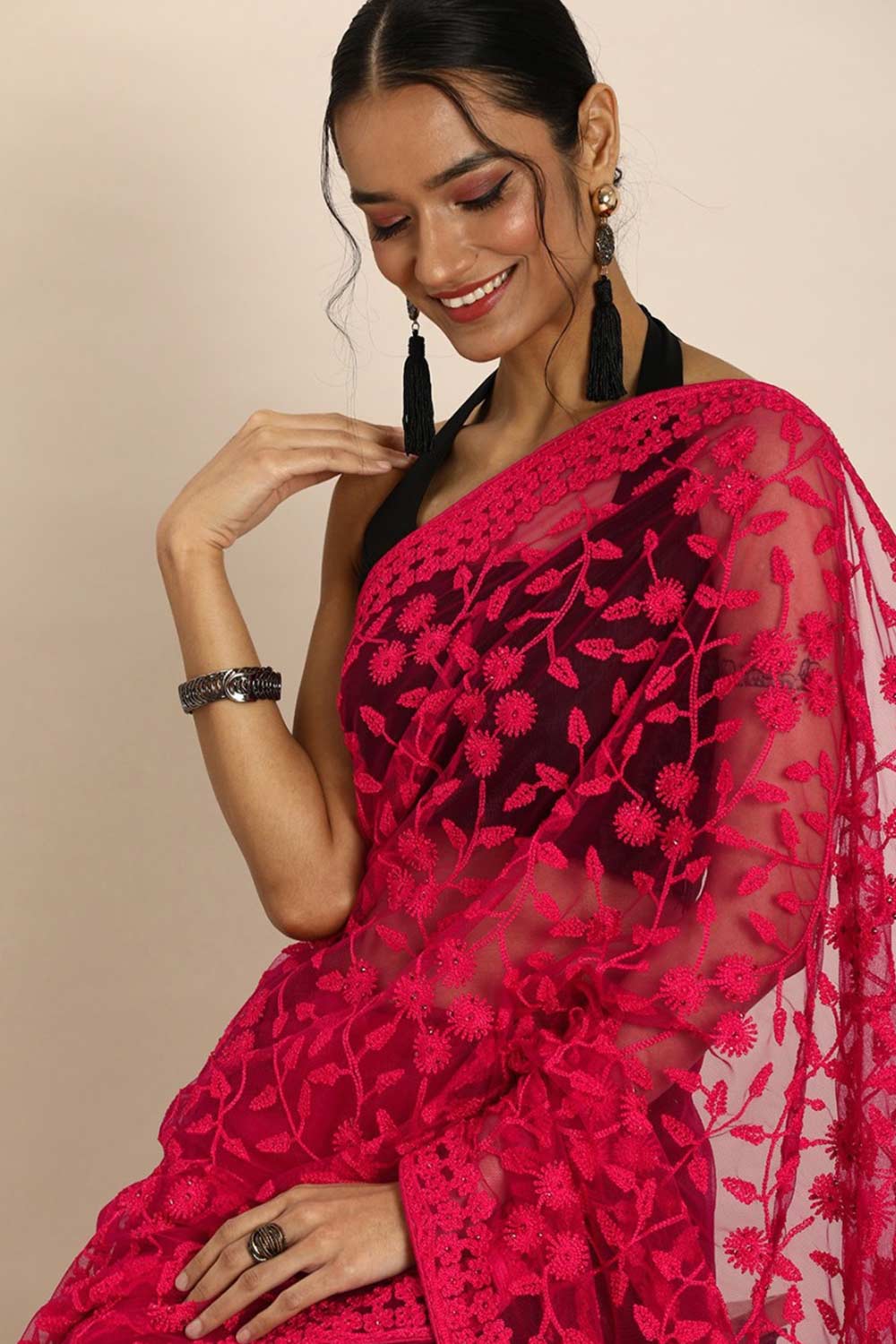 Buy Fuchsia Net Floral Embroidered Saree Online - Back