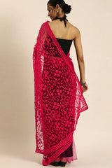 Buy Fuchsia Net Floral Embroidered Saree Online - Front