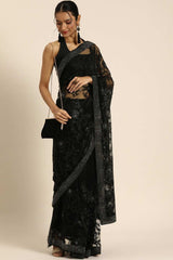 Buy Black Net Floral Embroidered Saree Online