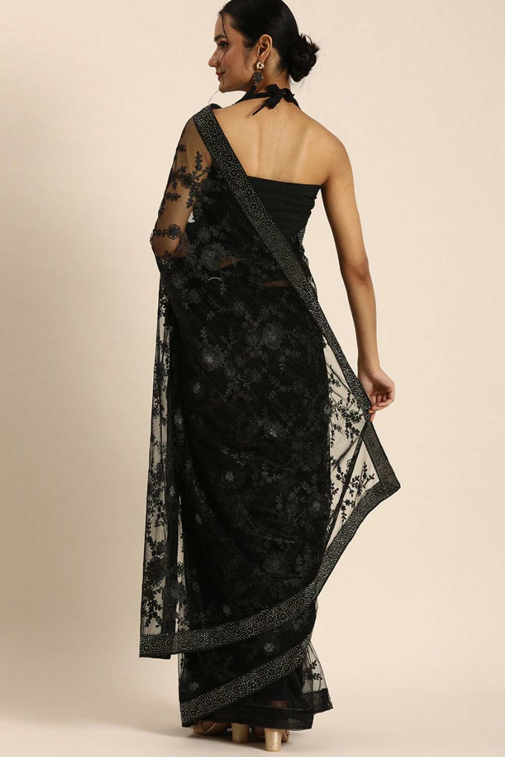 Buy Black Net Floral Embroidered Saree Online - Back