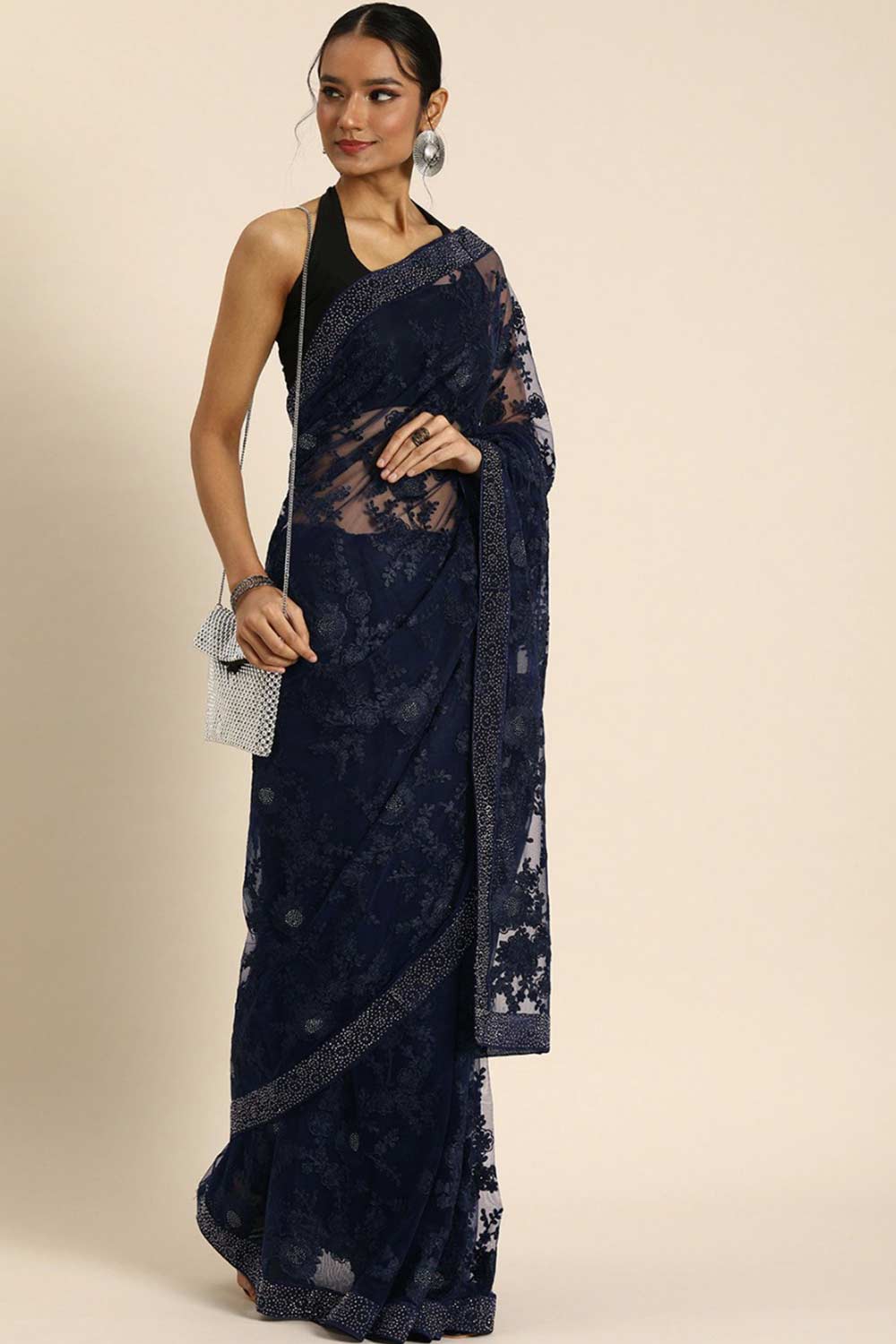 Buy Navy Blue Net Floral Embroidered Saree Online