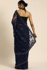Buy Navy Blue Net Floral Embroidered Saree Online - Back
