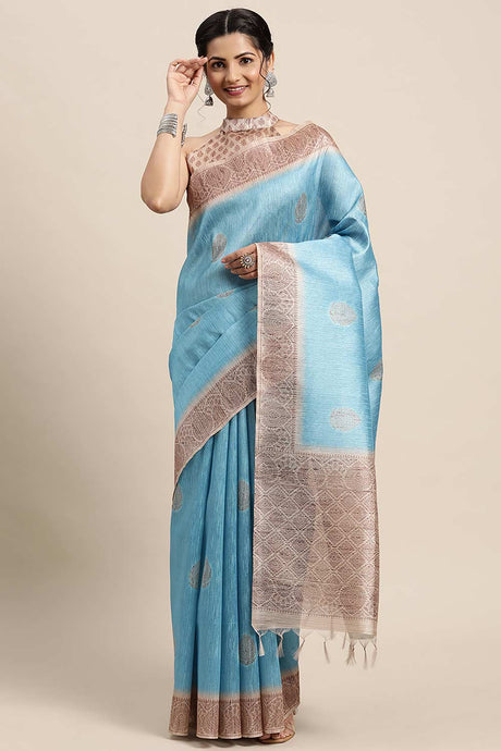 Silk Blend Blue Printed Designer Saree