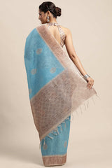 Silk Blend Blue Printed Designer Saree