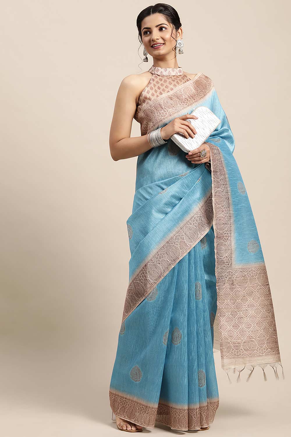 Silk Blend Blue Printed Designer Saree