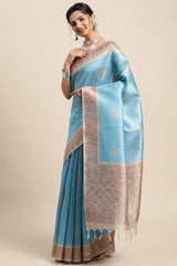 Silk Blend Blue Printed Designer Saree