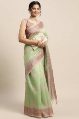 Silk Blend Green Printed Designer Saree