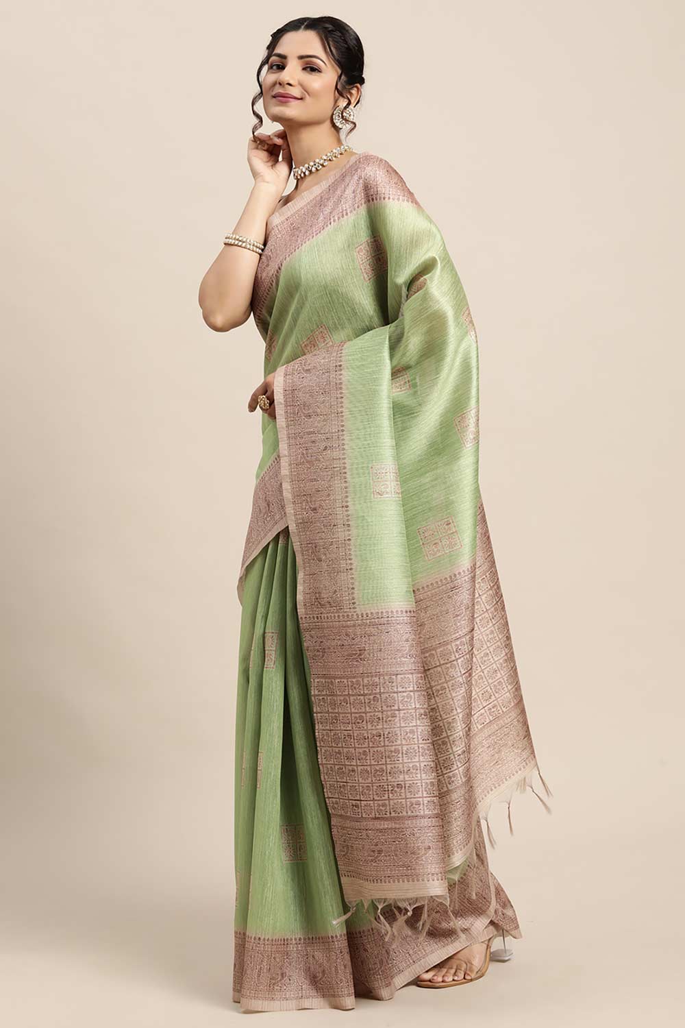 Silk Blend Green Printed Designer Saree