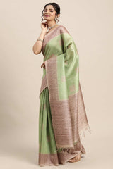 Silk Blend Green Printed Designer Saree