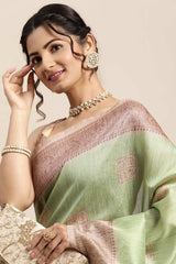 Silk Blend Green Printed Designer Saree