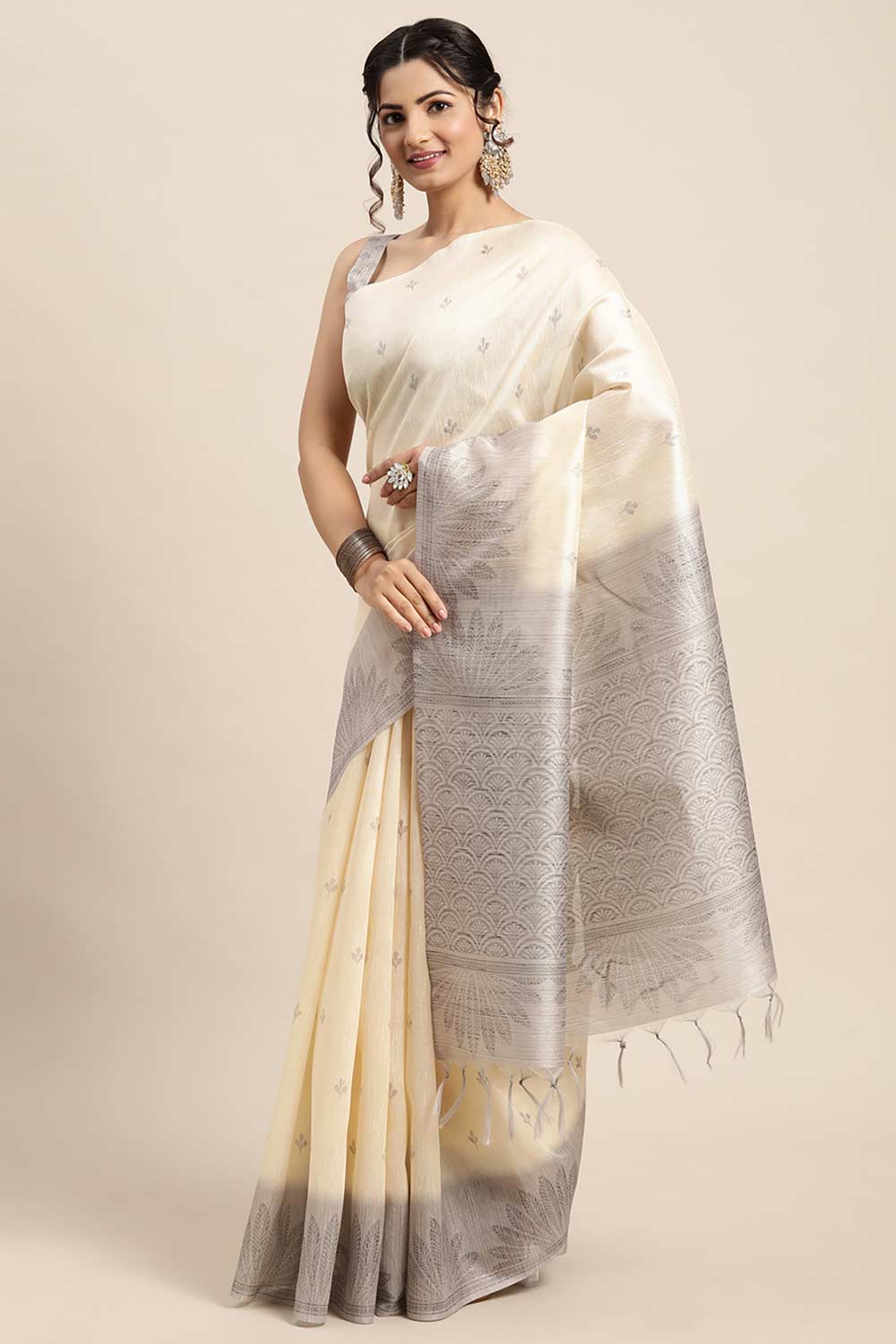 Silk Blend Off White Printed Designer Saree