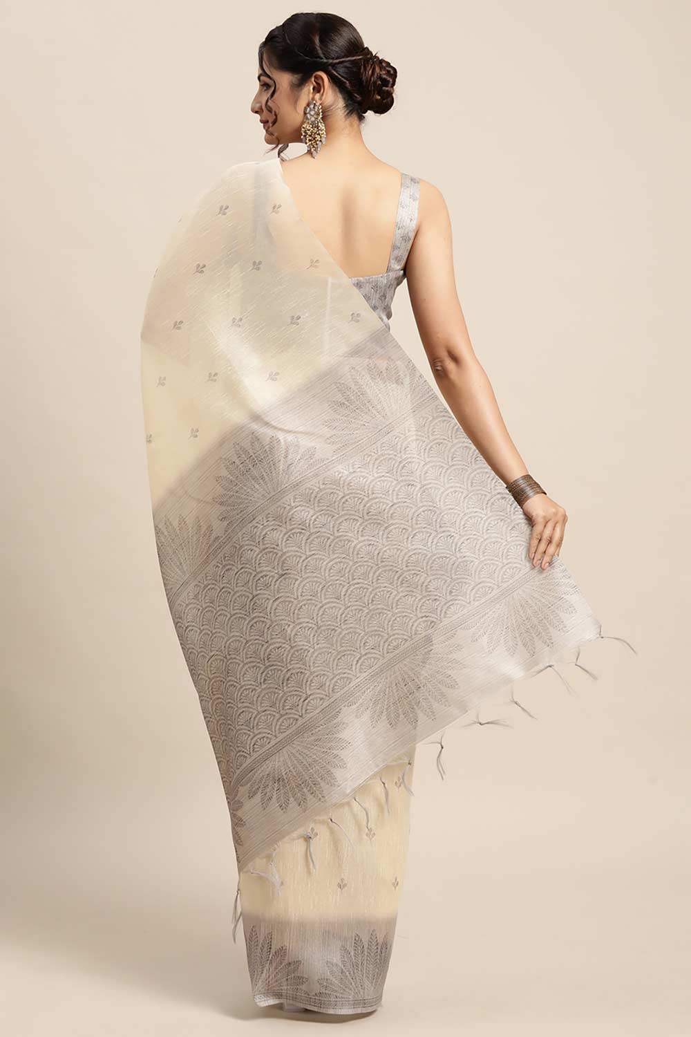 Silk Blend Off White Printed Designer Saree