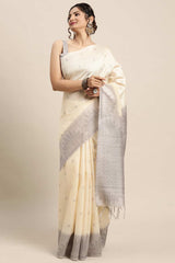 Silk Blend Off White Printed Designer Saree