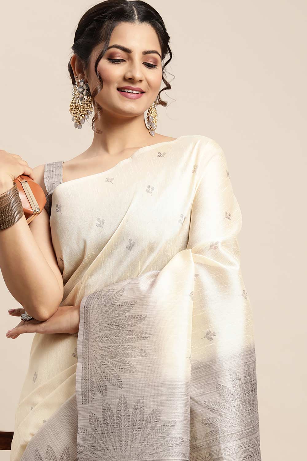 Silk Blend Off White Printed Designer Saree