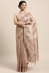 Silk Blend Beige Printed Designer Saree